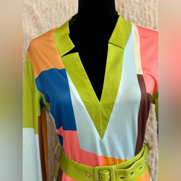 Chicme-colorful midi dress, fun mix of pinks, lime green and brown, SZ L - Picture 5 of 6